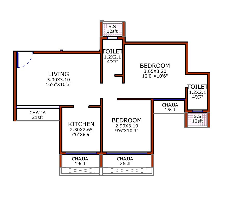 Floor plan of 2 BHK 638 Sq. Ft. Apartment in Juhi Niharika Absolute, Navi Mumbai