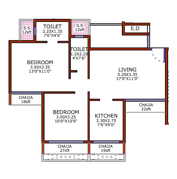 Floor plan of 2 BHK 735 Sq. Ft. Apartment in Juhi Niharika Absolute, Navi Mumbai
