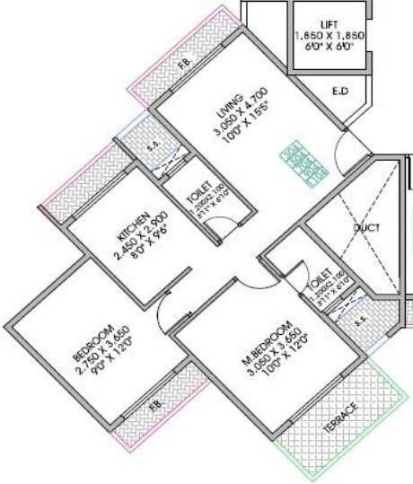 Floor plan of 2 BHK 1155 Sq. Ft. Apartment in Juhi Pride, Navi Mumbai