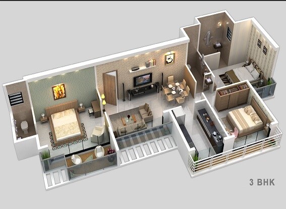 Floor plan of 3 BHK 672 Sq. Ft. Apartment in Juhi Serenity, Navi Mumbai