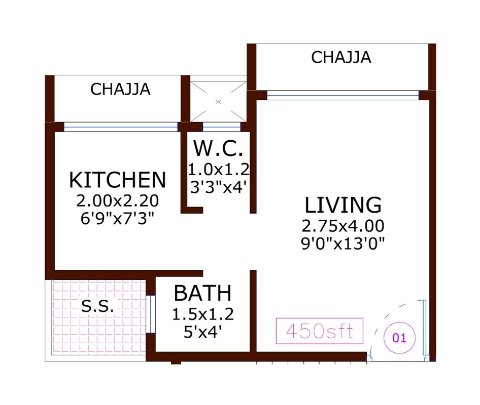Floor plan of 1 BHK 450 Sq. Ft. Apartment in Jupiter Arihant, Navi Mumbai