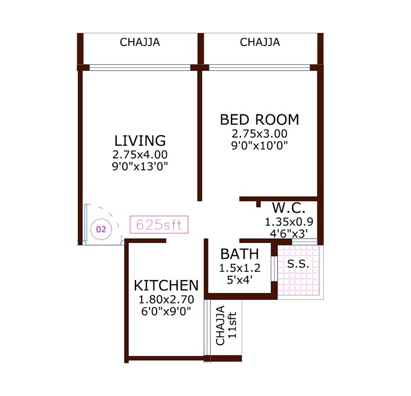 Floor plan of 1 BHK 625 Sq. Ft. Apartment in Jupiter Arihant, Navi Mumbai