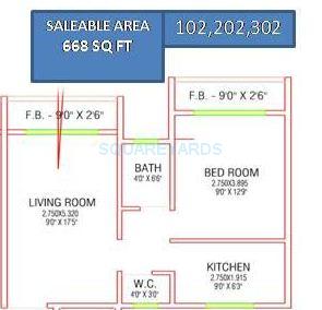 Floor plan of 1 BHK 668 Sq. Ft. Apartment in Jupiter Commanders Renaissance, Navi Mumbai