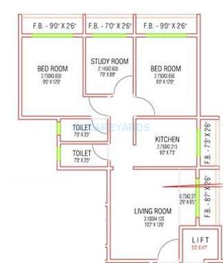 Floor plan of 2 BHK 1073 Sq. Ft. Apartment in Jupiter Commanders Renaissance, Navi Mumbai