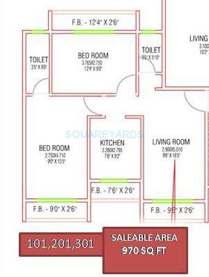 Floor plan of 2 BHK 970 Sq. Ft. Apartment in Jupiter Commanders Renaissance, Navi Mumbai