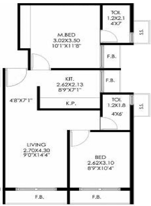Floor plan of 2 BHK 446 Sq. Ft. Apartment in Jupiter Galaxy, Navi Mumbai