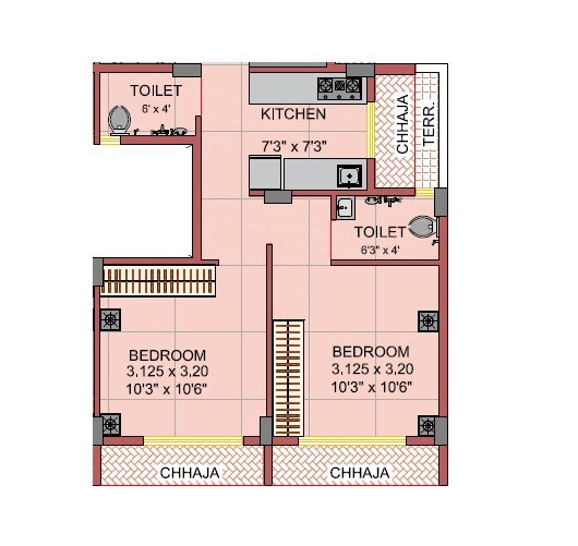 Floor plan of 2 BHK 630 Sq. Ft. Apartment in Jupiter Royal, Navi Mumbai