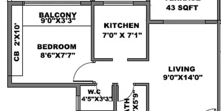 Floor plan of 1 BHK 244 Sq. Ft. Apartment in Kaamdhenu Celestia, Navi Mumbai