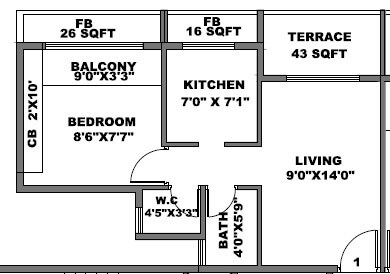 Floor plan of 1 BHK 313 Sq. Ft. Apartment in Kaamdhenu Celestia, Navi Mumbai