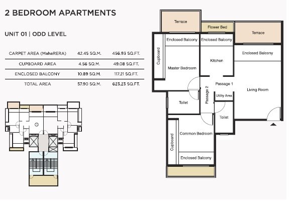 Floor plan of 2 BHK 456 Sq. Ft. Apartment in Kaamdhenu Luxuria, Navi Mumbai