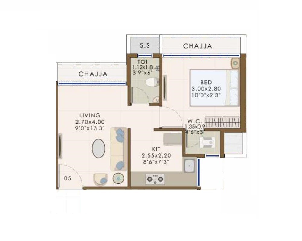 Floor plan of 1 BHK 322 Sq. Ft. Apartment in Kaavish Alankara Paradise, Navi Mumbai
