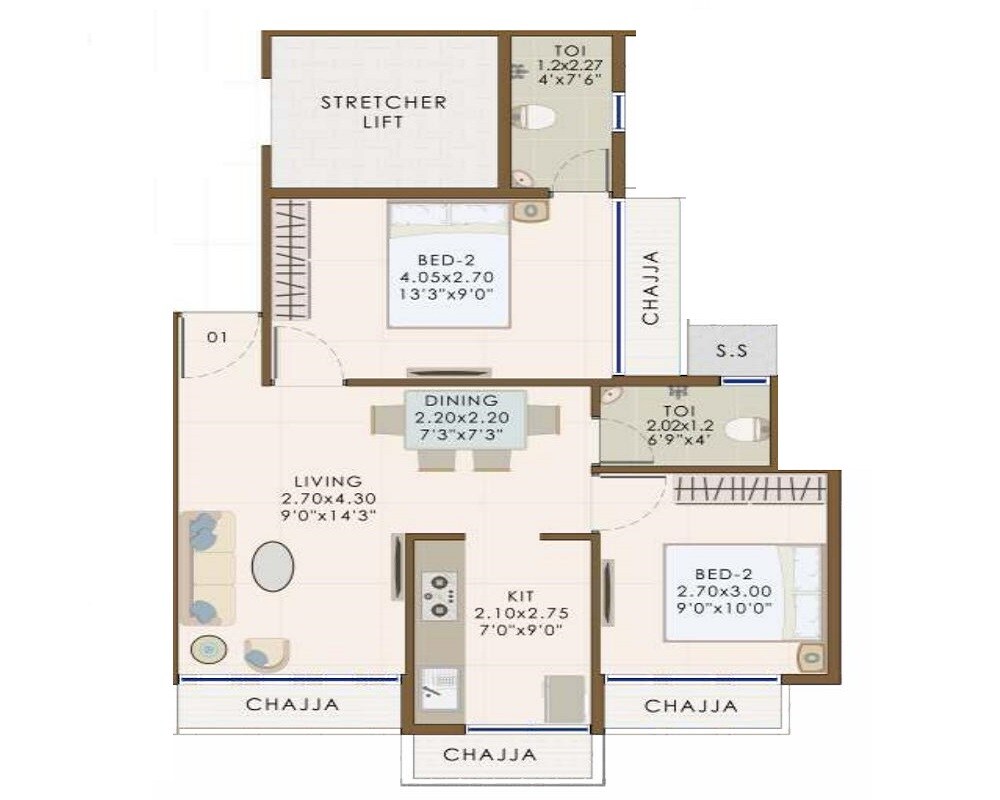 Floor plan of 2 BHK 527 Sq. Ft. Apartment in Kaavish Alankara Paradise, Navi Mumbai