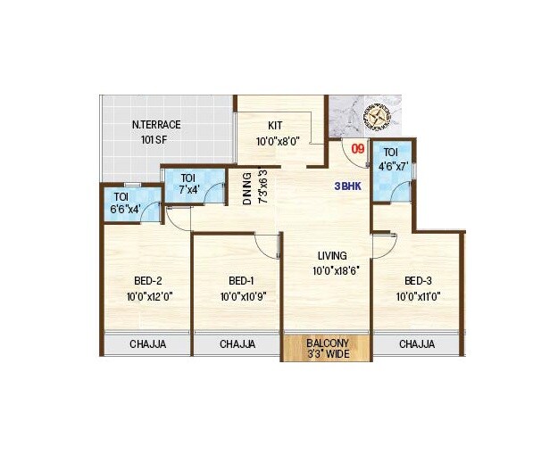 Floor plan of 3 BHK 1060 Sq. Ft. Apartment in Satpanth Kalash Serenity, Navi Mumbai