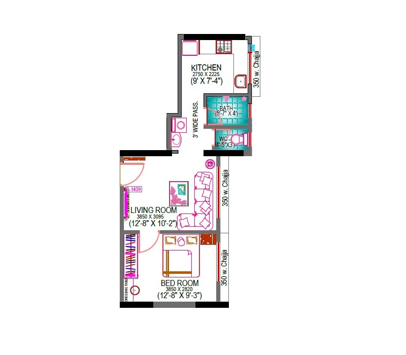 Floor plan of 1 BHK 402 Sq. Ft. Apartment in Kalindi Elite, Navi Mumbai