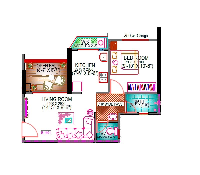 Floor plan of 1 BHK 474 Sq. Ft. Apartment in Kalindi Elite, Navi Mumbai