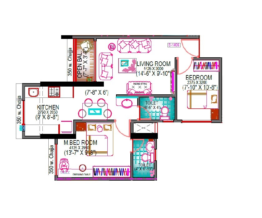 Floor plan of 2 BHK 603 Sq. Ft. Apartment in Kalindi Elite, Navi Mumbai