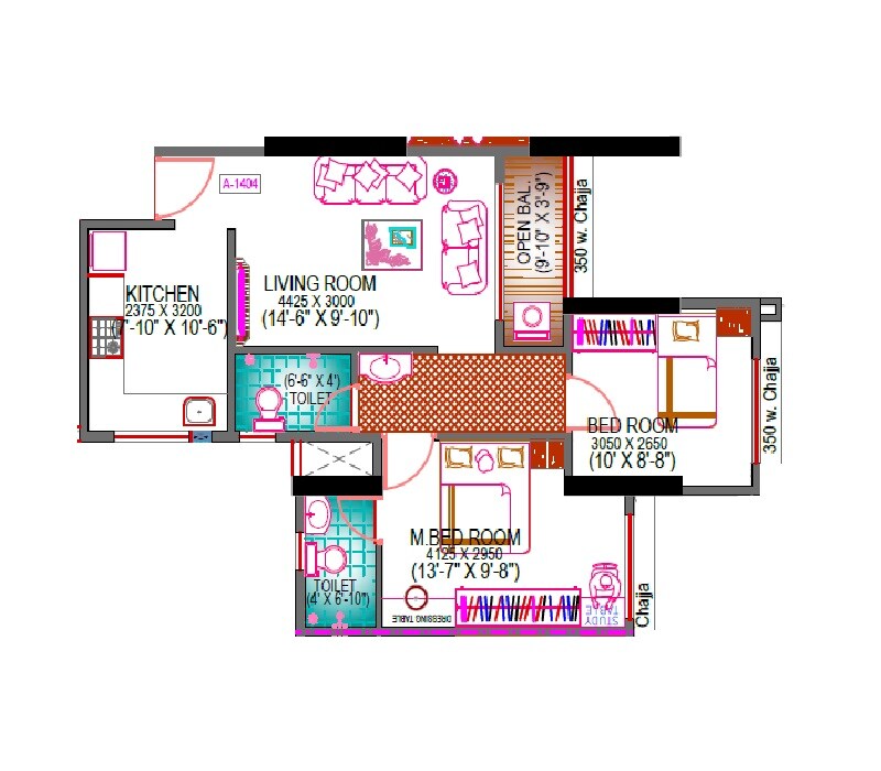 Floor plan of 2 BHK 744 Sq. Ft. Apartment in Kalindi Elite, Navi Mumbai