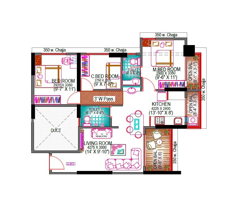Floor plan of 3 BHK 803 Sq. Ft. Apartment in Kalindi Elite, Navi Mumbai