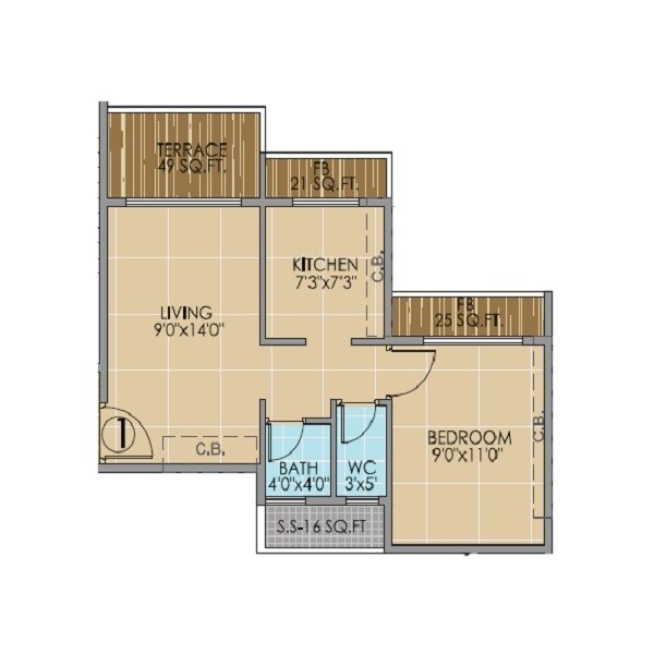 Floor plan of 1 BHK 313 Sq. Ft. Apartment in Kalpana Nestor, Navi Mumbai