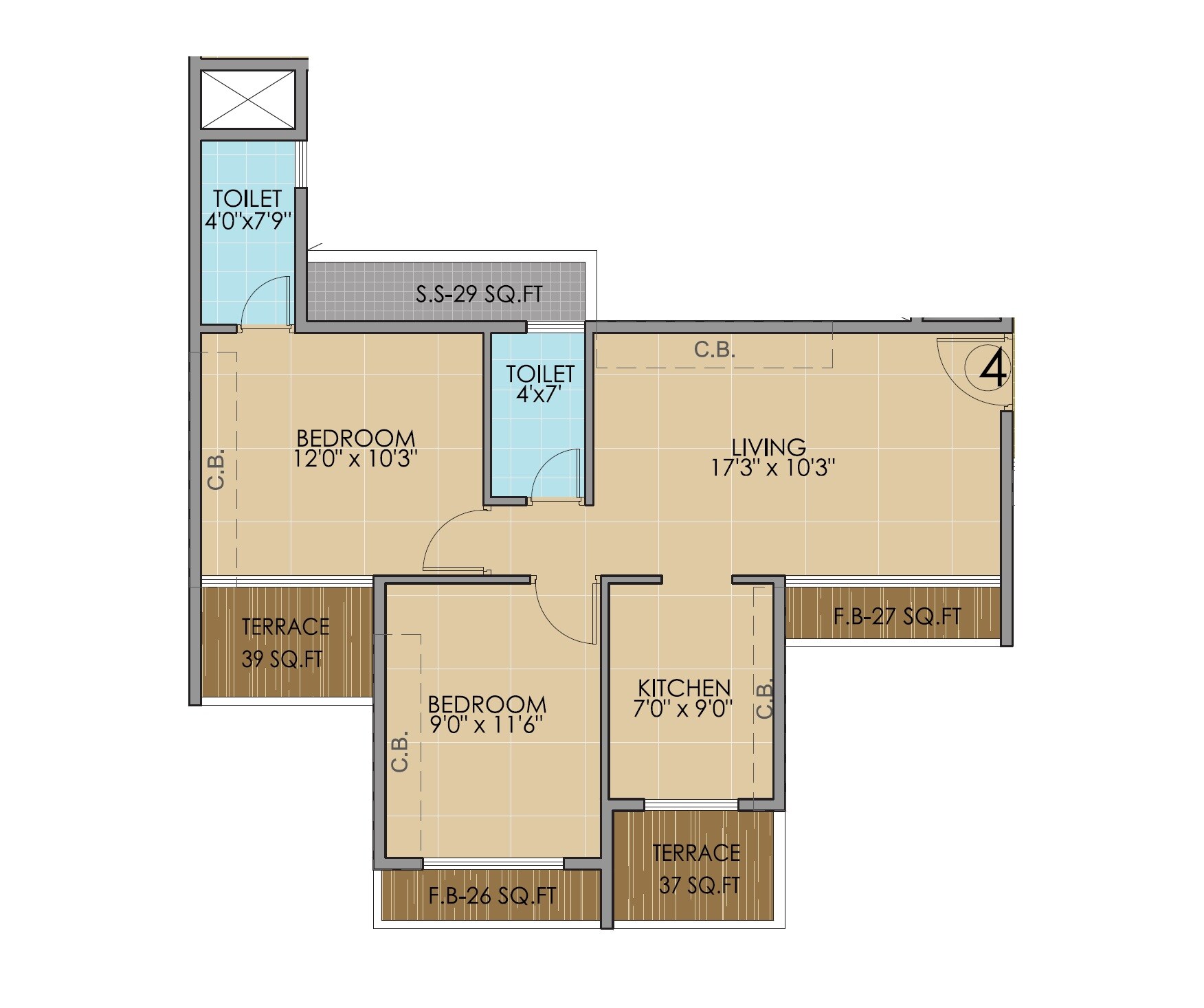 Floor plan of 2 BHK 393 Sq. Ft. Apartment in Kalpana Nestor, Navi Mumbai