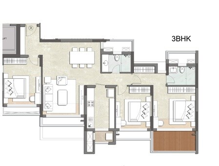 Floor plan of 3 BHK 1300 Sq. Ft. Apartment in Kalpataru Riverside, Navi Mumbai