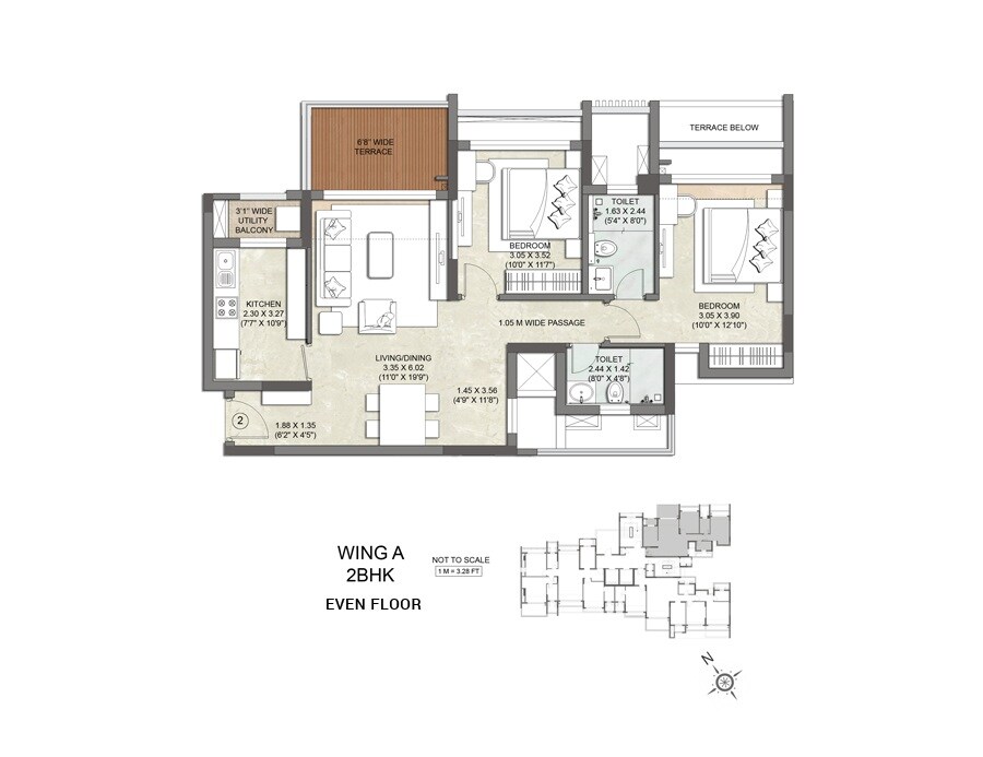 Floor plan of 2 BHK 872 Sq. Ft. Apartment in Kalpataru Waterfront, Navi Mumbai
