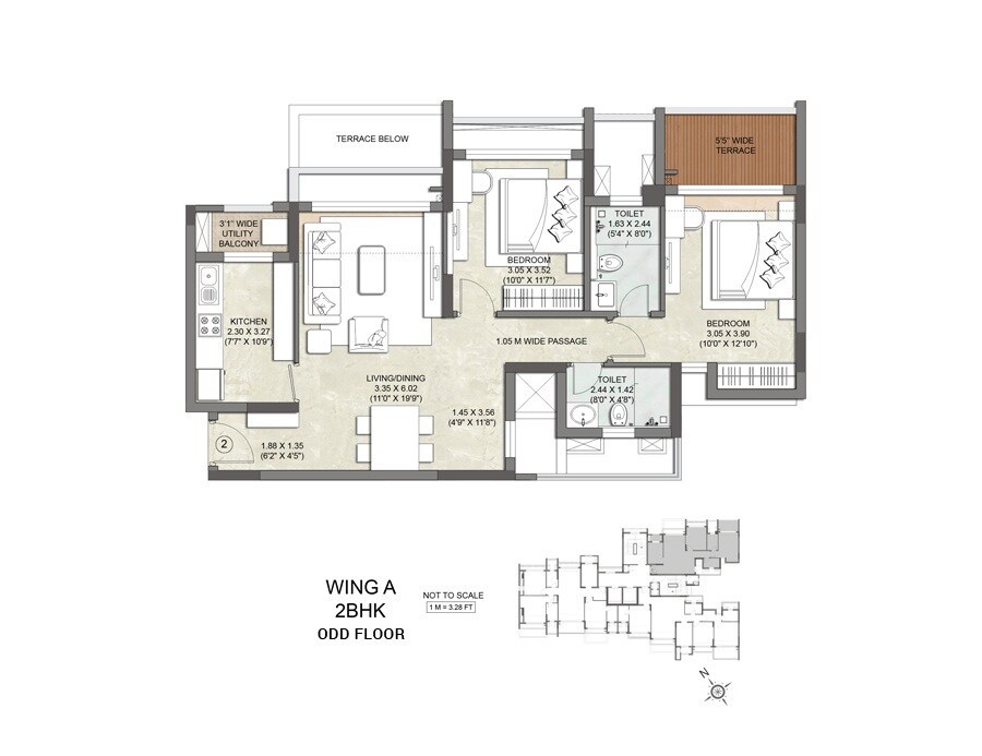 Floor plan of 2 BHK 895 Sq. Ft. Apartment in Kalpataru Waterfront, Navi Mumbai