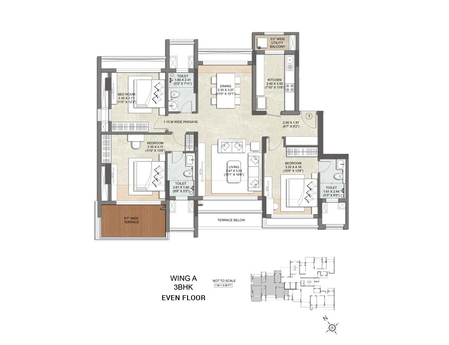 Floor plan of 3 BHK 1225 Sq. Ft. Apartment in Kalpataru Waterfront, Navi Mumbai