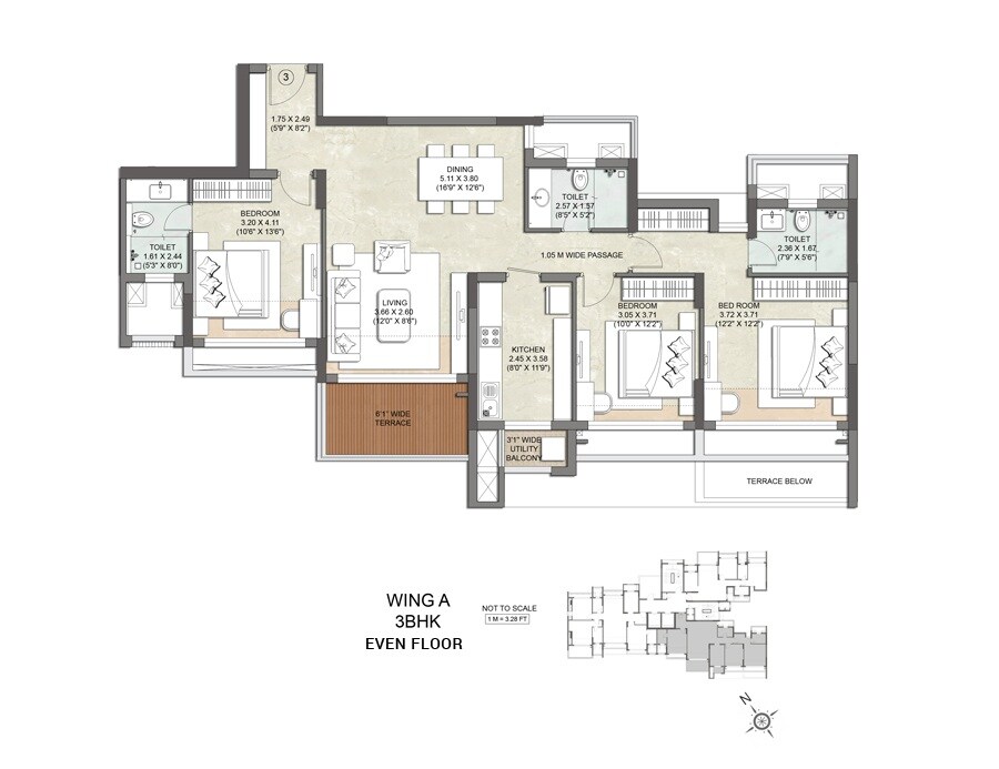 Floor plan of 3 BHK 1910 Sq. Ft. Apartment in Kalpataru Waterfront, Navi Mumbai