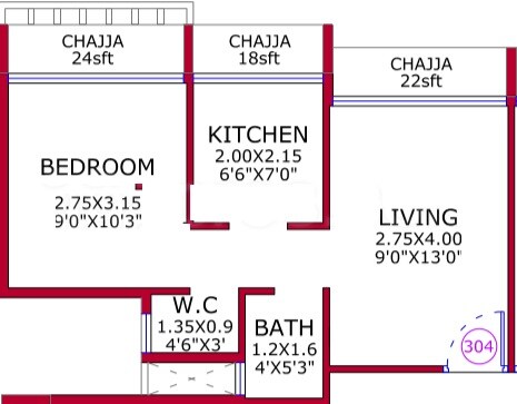 Floor plan of 1 BHK 329 Sq. Ft. Apartment in Kalpsutra Chandra Darshan Aura, Navi Mumbai