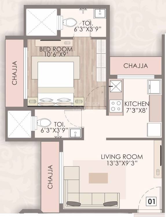 Floor plan of 1 BHK 343 Sq. Ft. Apartment in Kalpsutra Vatsalya, Navi Mumbai