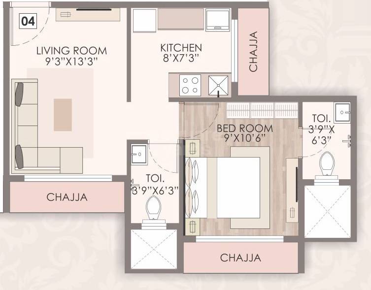 Floor plan of 1 BHK 413 Sq. Ft. Apartment in Kalpsutra Vatsalya, Navi Mumbai