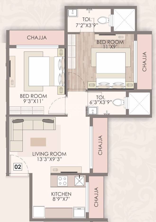 Floor plan of 2 BHK 460 Sq. Ft. Apartment in Kalpsutra Vatsalya, Navi Mumbai