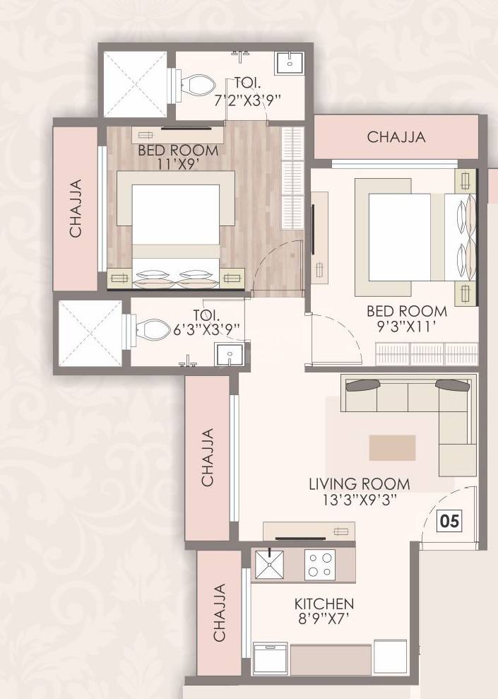 Floor plan of 2 BHK 549 Sq. Ft. Apartment in Kalpsutra Vatsalya, Navi Mumbai