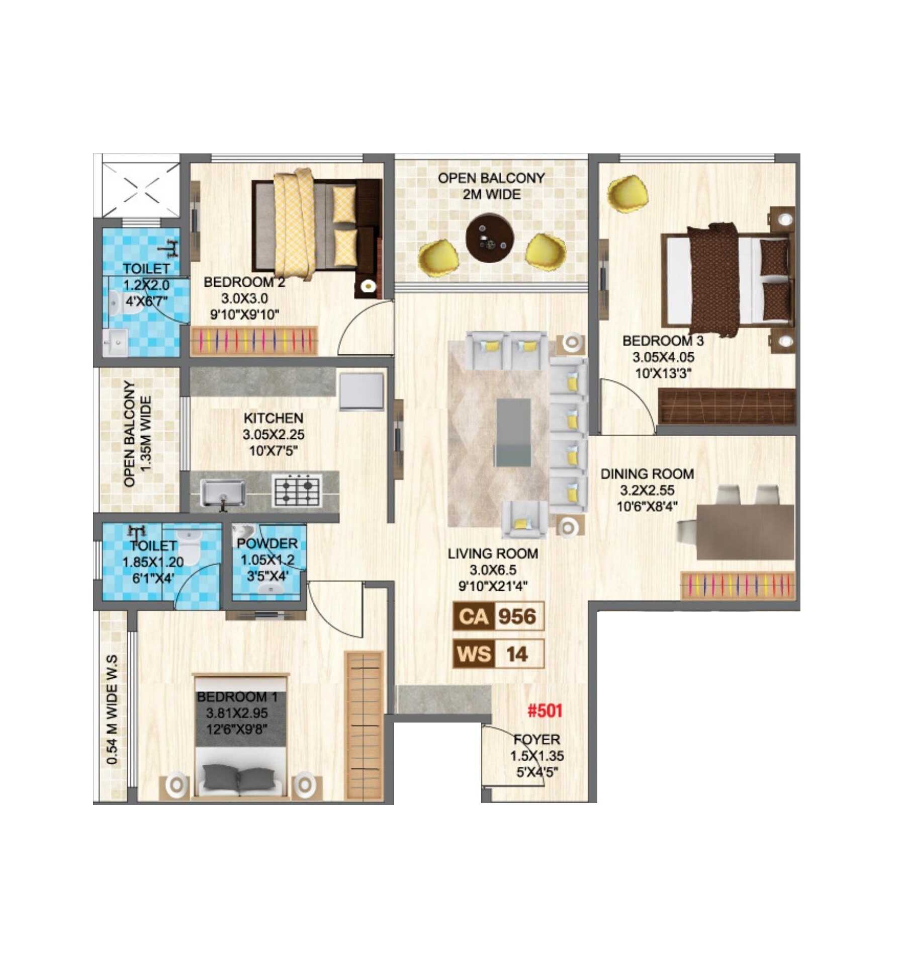 3 BHK 956 Sq. Ft. Apartment