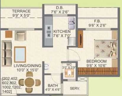 Floor plan of 1 BHK 711 Sq. Ft. Apartment in Kamdhenu Aura, Navi Mumbai