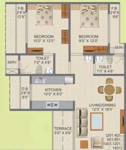 Floor plan of 2 BHK 1074 Sq. Ft. Apartment in Kamdhenu Aura, Navi Mumbai