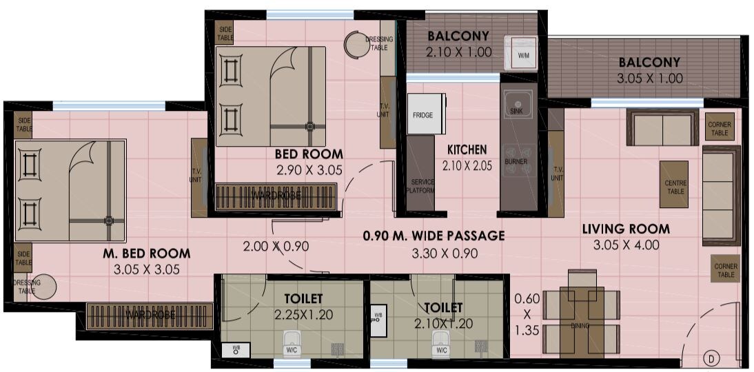 Floor plan of 2 BHK 875 Sq. Ft. Apartment in Kamdhenu Gardenia, Navi Mumbai