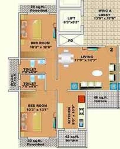 Floor plan of 2 BHK 1180 Sq. Ft. Apartment in Kamdhenu Oaklands, Navi Mumbai