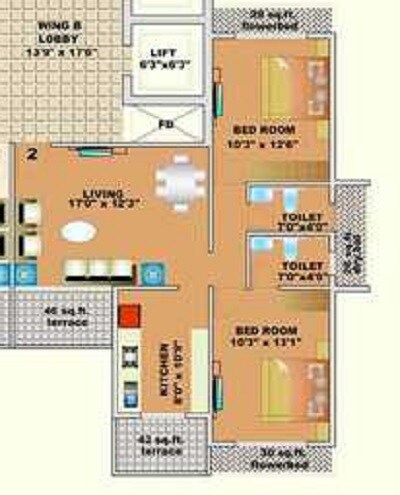 Floor plan of 2 BHK 1245 Sq. Ft. Apartment in Kamdhenu Oaklands, Navi Mumbai