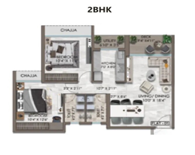 Floor plan of 2 BHK 669 Sq. Ft. Apartment in Kamdhenu Pinnacle, Navi Mumbai