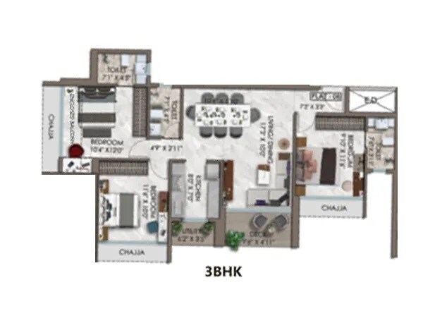 Floor plan of 3 BHK 811 Sq. Ft. Apartment in Kamdhenu Pinnacle, Navi Mumbai