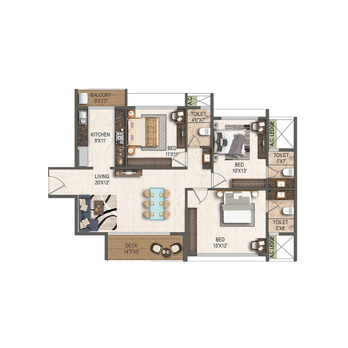 3 BHK 980 Sq. Ft. Apartment