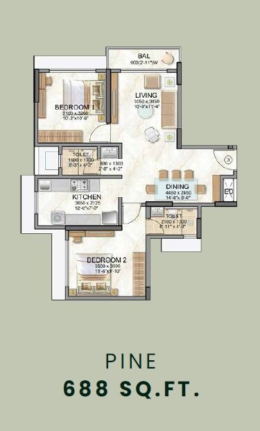 2 BHK 688 Sq. Ft. Apartment