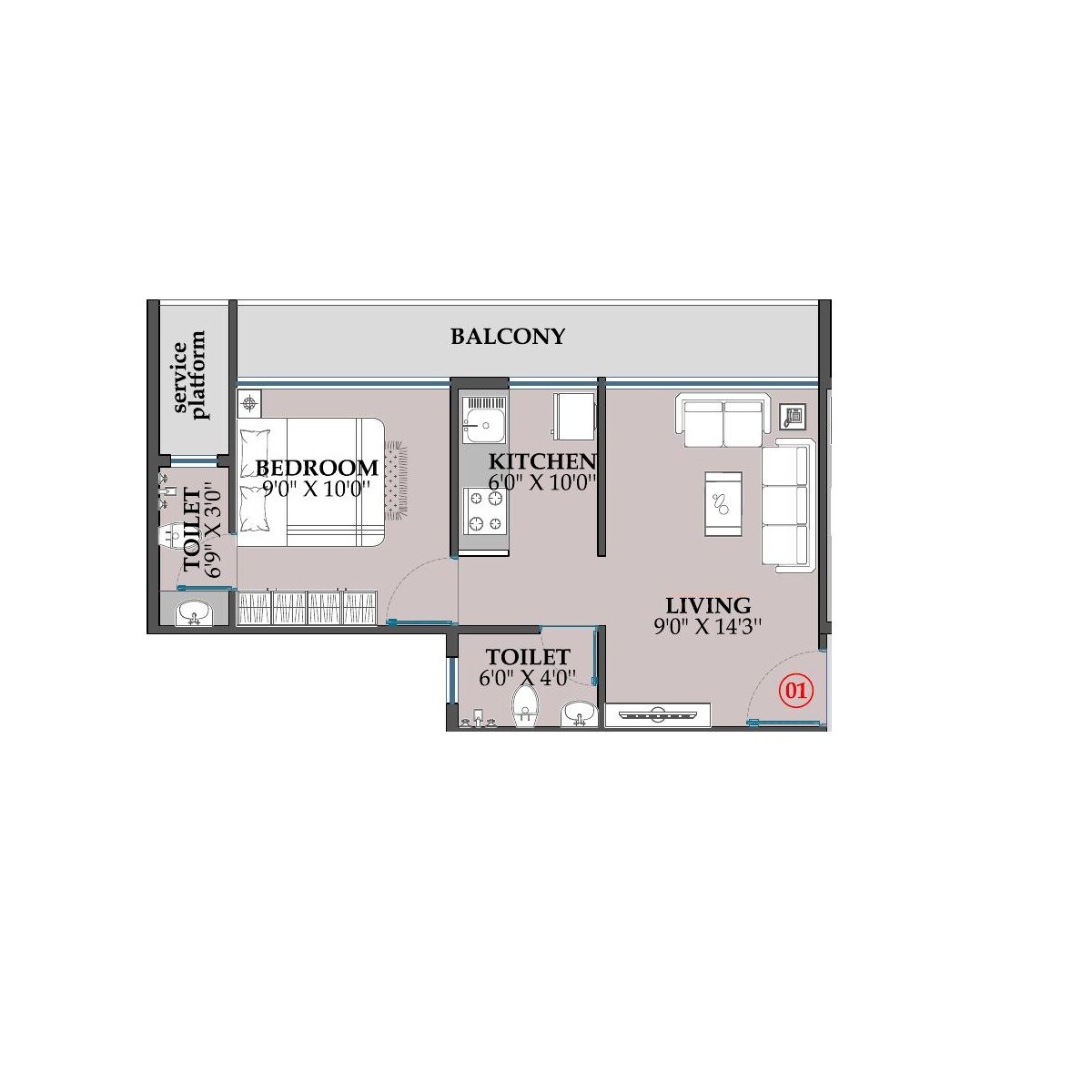 Floor plan of 1 BHK 265 Sq. Ft. Apartment in Kanha Sanwariya, Navi Mumbai
