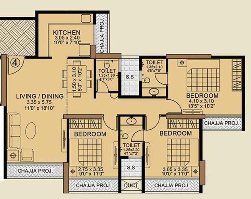 Floor plan of 3 BHK 1142 Sq. Ft. Apartment in Kasturi Regius, Navi Mumbai