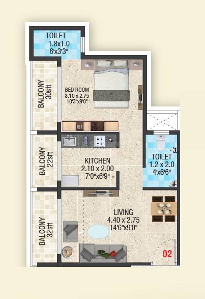 Floor plan of 1 BHK 292 Sq. Ft. Apartment in Kaveri Shree Ram Residency, Navi Mumbai