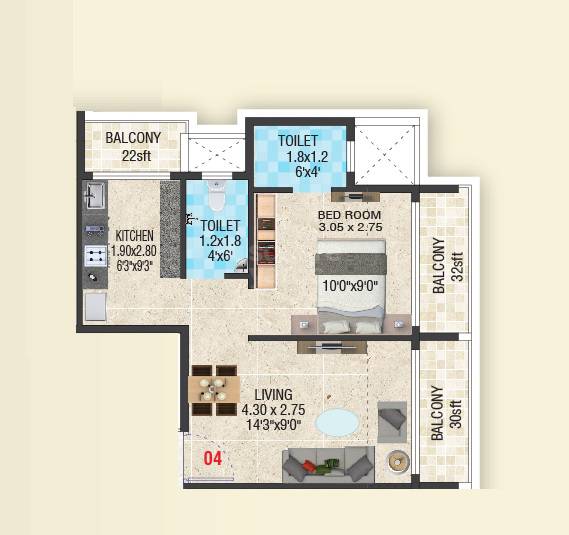 Floor plan of 1 BHK 319 Sq. Ft. Apartment in Kaveri Shree Ram Residency, Navi Mumbai