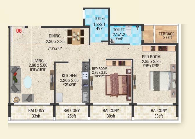Floor plan of 2 BHK 582 Sq. Ft. Apartment in Kaveri Shree Ram Residency, Navi Mumbai