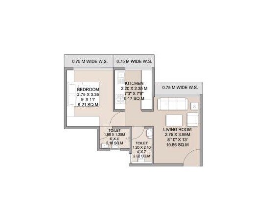 Floor plan of 1 BHK 395 Sq. Ft. Apartment in Keni City, Navi Mumbai